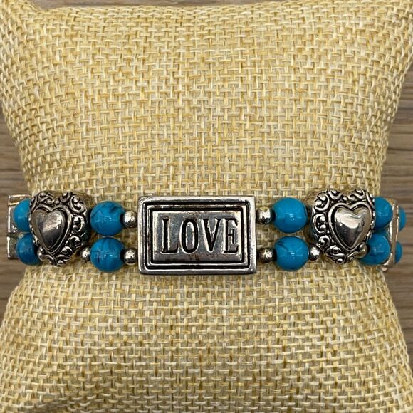 Silver-Toned Hope Love Faith Charm Bracelet with Turquoise Beads - Picture 2 of 4